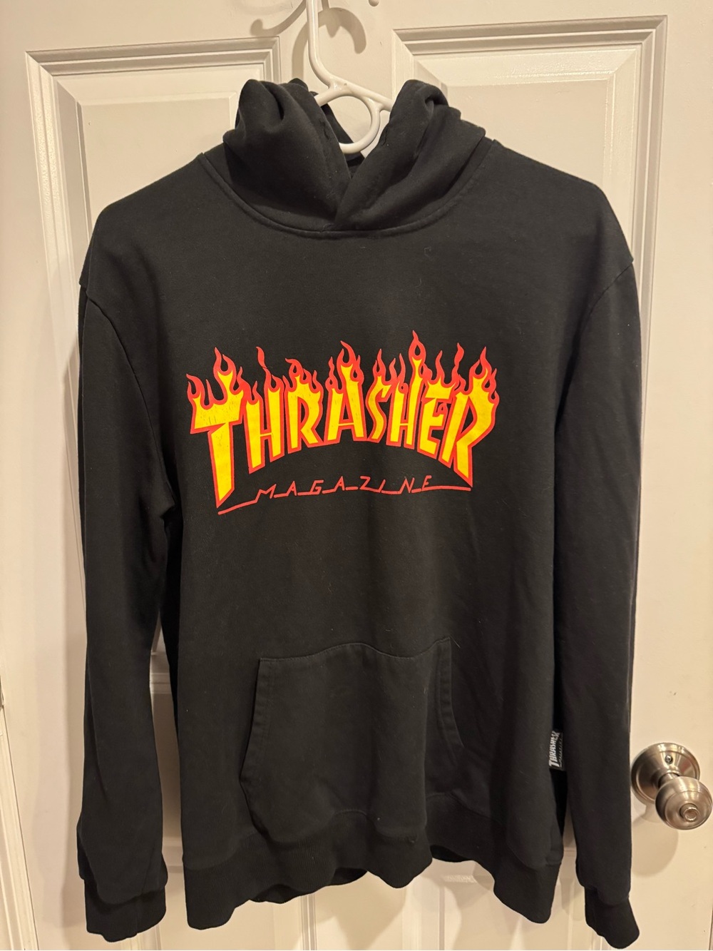 Thrasher Black Hoodie with Yellow and Red Flame Logo